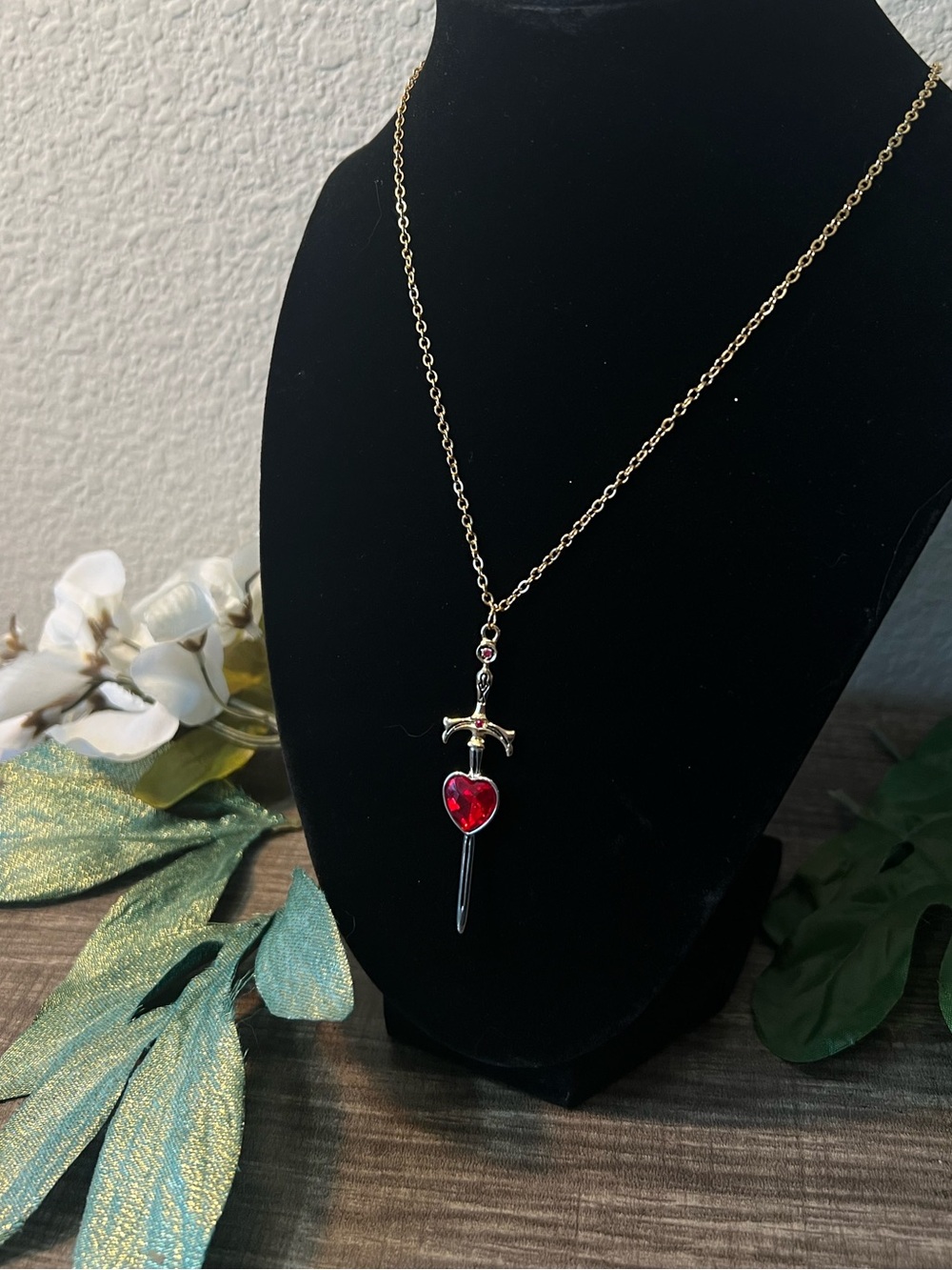 Gold and Silver  Sword Necklace with Red Heart Gem / renaissance / Fantasy